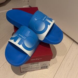 Salvatore Ferragamo Blue and White Slide Sandals